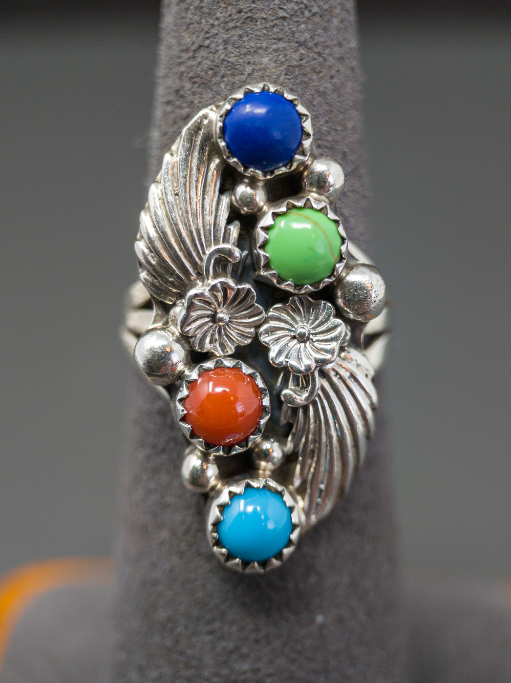 Running Bear Sterling Silver Multi-Gemstone Ring, Sz 6